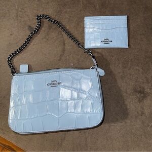 Coach Blue Croc-Embossed Shoulder Bag and Card Holder